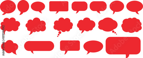 Diverse set of red speech bubbles and thought balloons for digital communication, social media, and interactive design projects
