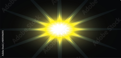 Bright sun rays burst through an abstract blue and orange sky background with glowing stars and flares