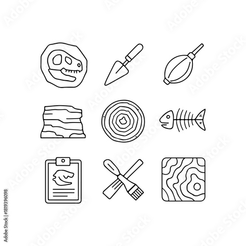 Doodle icons representing paleontology and archaeology tools and discoveries