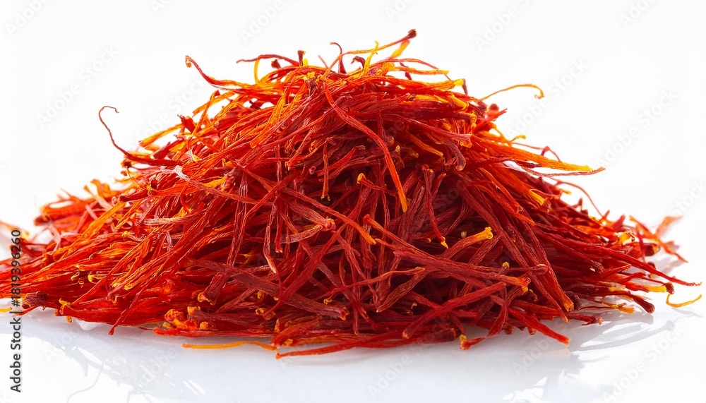 Fototapeta premium pile of vibrant red saffron threads isolated on a white background