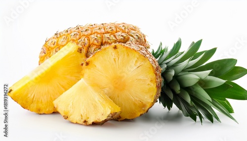 pineapple juicy yellow fruit with slices and leaf isolated on white background