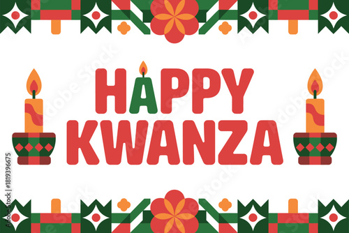 Happy Kwanzaa greeting with candles and decorative border.