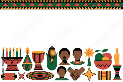 Kwanzaa symbols and decorations create a festive cultural banner illustration.
