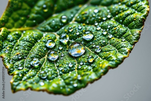 Nature's metallic water drops on leaf macro photography vibrant green environment close-up view