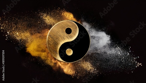 Golden And Black Yin Yang Symbol With Floating Powder On Black Background Abstraction Buddhism Hinduism Symbol Religion Balance Concept Generative Ai