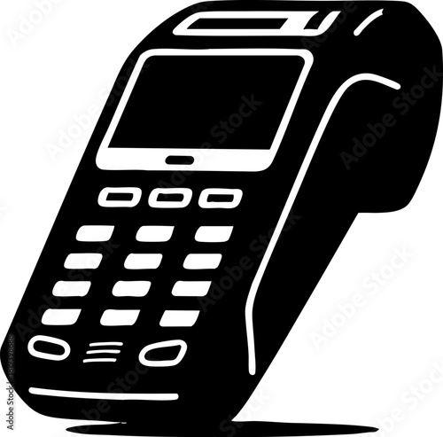 This representation features a flat black vector icon of a credit card terminal