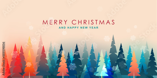 Colourful Christmas tree banner. Cartoon decoration elements. Vector illustration