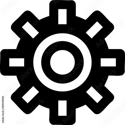 Flat black gear icon on white background representing industrial design and mechanics