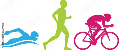 Triathlon athlete silhouettes, swimming running cycling illustration, colorful endurance sport design, dynamic motion concept, fitness competition artwork, abstract icons