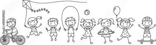 Children outdoor activity sketch, playful exercise drawing, black and white line art, happy kids fun, physical recreation illustration