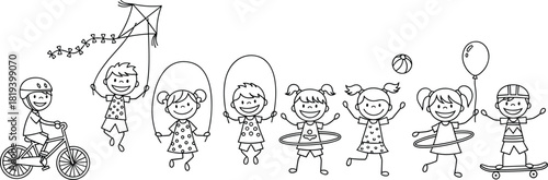 Children outdoor activity illustration, playful exercise drawing, black and white line art, healthy kids fun, social interaction sketch