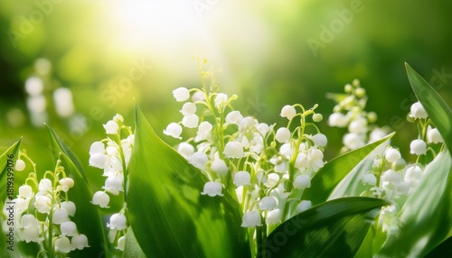 Flower Spring Sun White Green Background Horizontal Lily Of The Valley Sun Rays Fall On Beautiful Spring Blooming Flower Ecological Background Blooming Lily Of The Valley On Green Grass Background