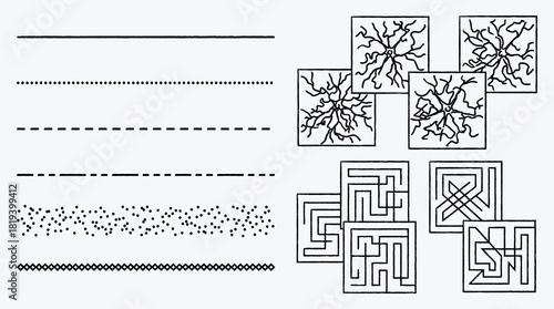 Monochrome abstract shapes with linear and dotted patterns for design elements