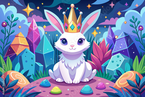vector of Adorable white rabbit with sparkling crown surrounded by pastel crystals, beautiful fantasy scene with magical charm, whimsical soft aesthetic,