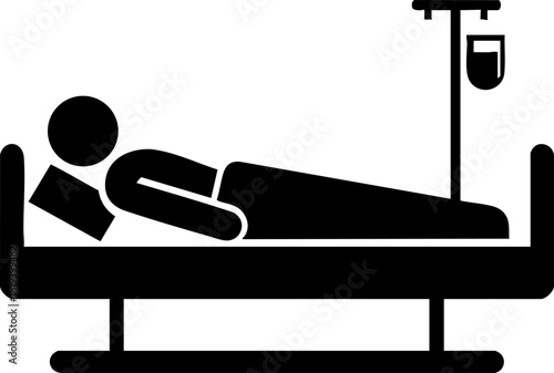 Flat black vector icon of a patient lying in a hospital bed on a white background