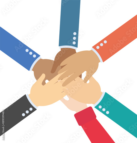 . Colleagues and partners putting their hands together. Teamwork, the signing of the contract, the path to success.

