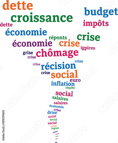 word, cloud, French, economy, social, issues, triangle, shape, colorful, text, crisis, budget, debt, unemployment, inflation, recession, growth, taxes, illustration, graphic