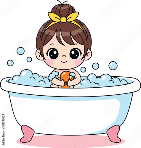 Cartoon child taking bath with bubbles, sponge, pink tub, hygiene routine, playful bathroom scene, clean and cute vector art