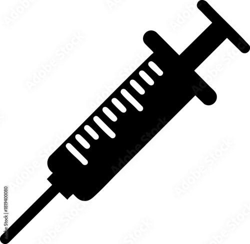 Black vector icon of a syringe on a white background representing medical equipment and health care