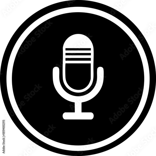 Flat black voice assistant microphone icon in a circular design on a simple white background