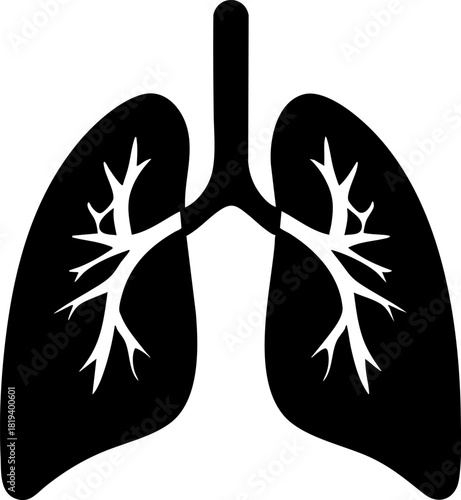 Black vector icon of lungs designed for health and medical use on a white background