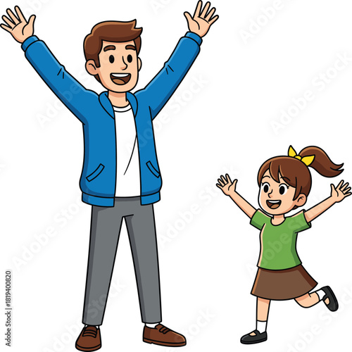 Cartoon man and girl raising arms, joyful moment, playful interaction, cheerful expressions, family connection, celebration vector illustration