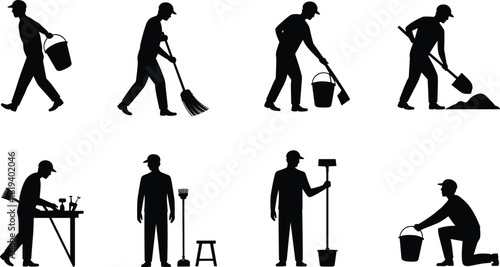 Cleaning and maintenance worker silhouette set with broom, mop, bucket, tools, poses, manual labor and janitorial vector icons