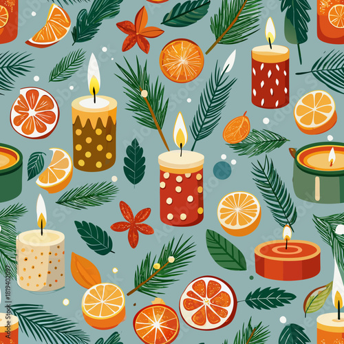 Array of Christmas candles and oranges creates festive pattern. Christmas candles amidst foliage and citrus lend to holiday cheer, providing warmth and light.