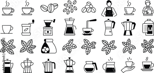 Coffee icon set with cups, beans, grinders, baristas, pots, plant leaves, brewing tools, and café culture vector elements