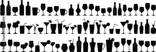 Drinkware silhouette set with wine glasses, cocktail mugs, tumblers, bottles, straws, garnishes, barware, and beverage container icons