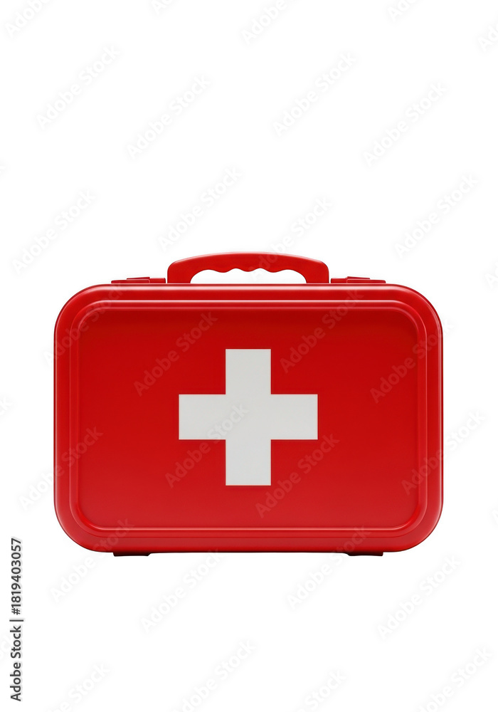 Obraz premium Bright red medical emergency kit with white cross symbol for urgent care and health supplies isolated on transparent background
