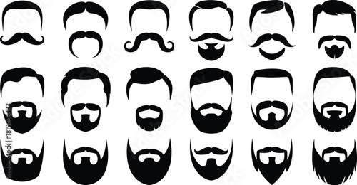 Male grooming silhouette set with diverse hairstyles, beards, mustaches, facial hair styles, character icons, and barber design elements