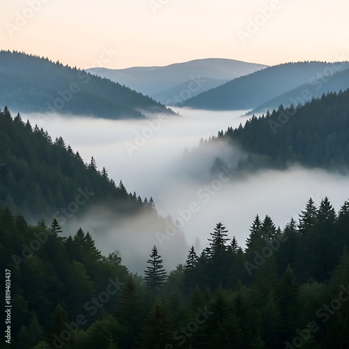 Tranquil layered mountain range enveloped in soft misty ambiance