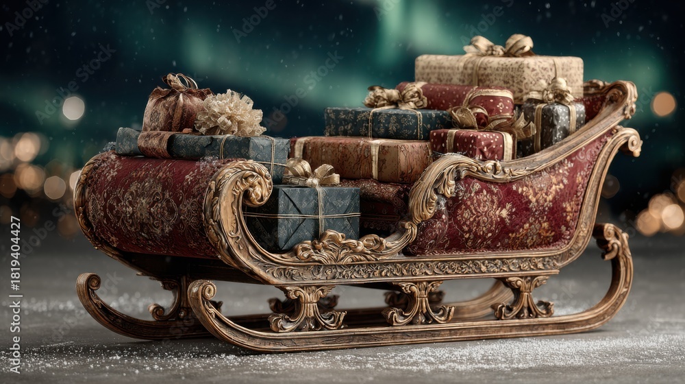 Fototapeta premium Ornate holiday sleigh overflowing with beautifully wrapped presents rests on crisp winter snow.