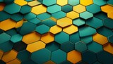 geometric hexagonal tile pattern in teal and yellow with 3d depth and modern mosaic texture