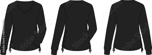 Black V-neck long sleeve top flat sketch with lace-up side details, casual fitted silhouette and clean garment illustration design