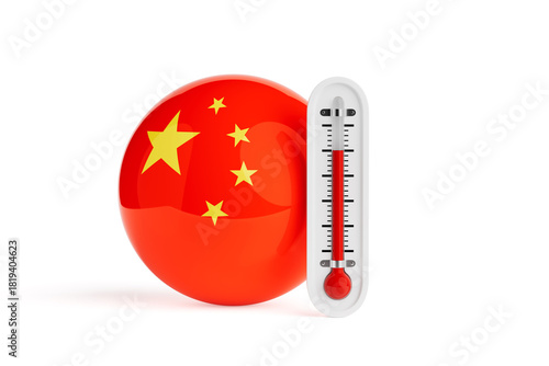 Global Warming In China. China Flag With High Temperature Thermometer. 3d Rendering