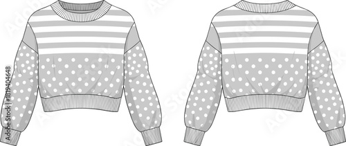Cropped striped and polka dot sweater flat sketch with balloon sleeves, ribbed cuffs and hem, soft textured knit design