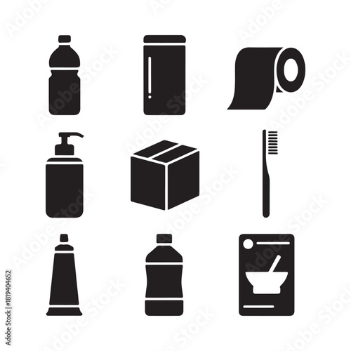 Collection of black icons representing bathroom and personal care products