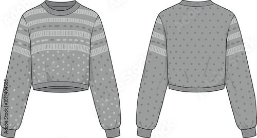 Cropped sweater flat sketch with mixed stripe and polka dot patterns, textured knit sleeves, ribbed hem cuffs and cozy design