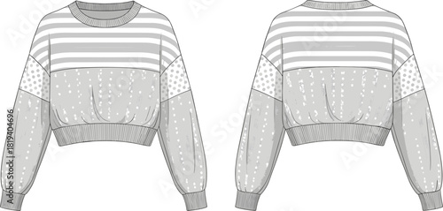 Cropped striped and polka dot sweater flat sketch with textured knit panels, balloon sleeves, ribbed hem and cuffs illustration