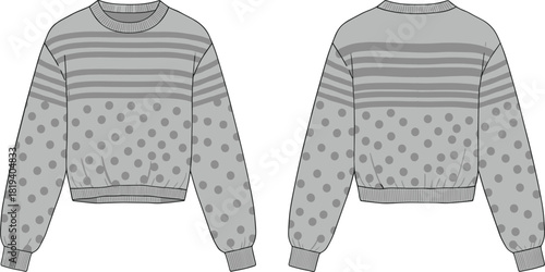 Striped and polka dot sweater flat sketch with textured knit sleeves, ribbed cuffs and hem, cozy cropped fashion illustration