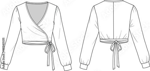 Wrap front crop top, long sleeve tie waist blouse, stylish women’s fashion sketch, elegant garment illustration, modern apparel design