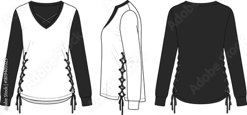 V-neck top flat sketch with contrast long sleeves, lace-up side details, layered neckline and casual fashion garment illustration design