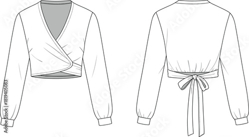 Wrap front crop top, long sleeve women’s blouse, tie back fashion design, elegant apparel sketch, stylish garment illustration