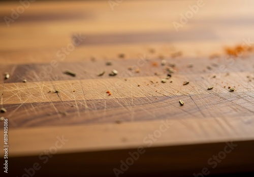 Wooden cooking board with spices leftovers for culinary background