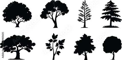 Tree and plant silhouette set with diverse foliage shapes, botanical icons, forest elements, and landscape design vector assets