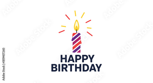 A festive Happy Birthday greeting graphic featuring a single lit candle with a colorful striped pattern and radiating light.