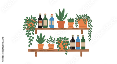 Two wooden wall shelves filled with a variety of lush green houseplants in terracotta pots and assorted decorative bottles.