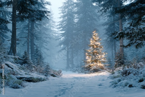 New Year tree in winter forest surrounded by tall pine trees, glowing with warm lights against deep blue sky. Concept of holiday magic with Christmas tree in serene atmosphere.
